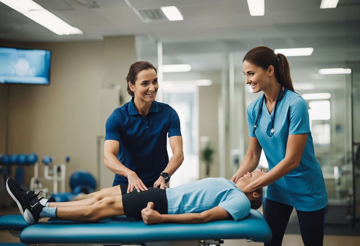 A physical therapy assistant demonstrates exercises to a patient using equipment in a clinic
