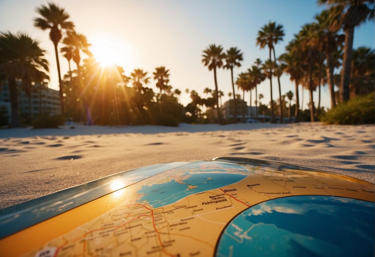 A sunny beach with palm trees, a colorful sunset, and a map of Florida with various hospital symbols
