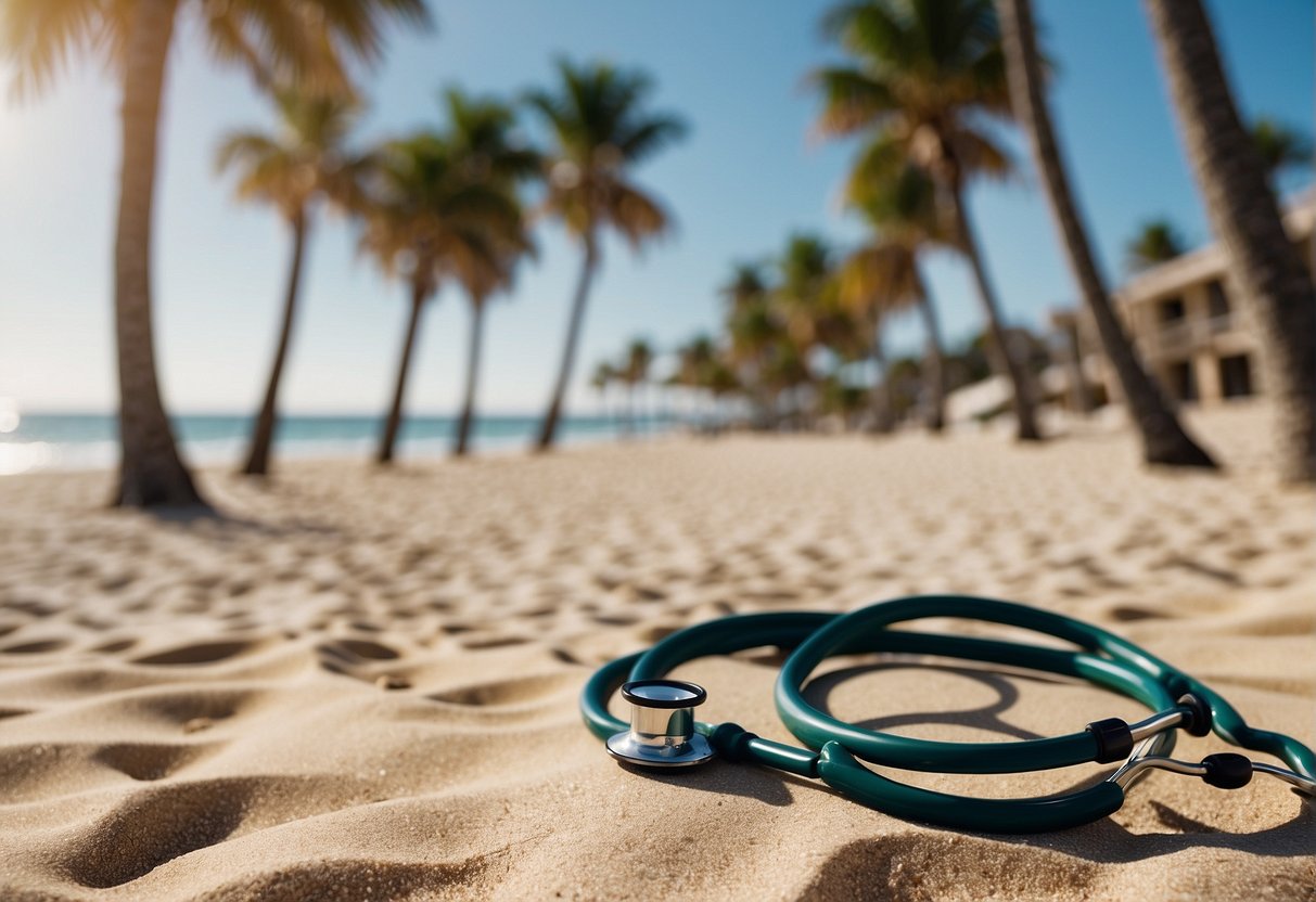 A sunny Florida beach with palm trees and a nurse's stethoscope in the sand