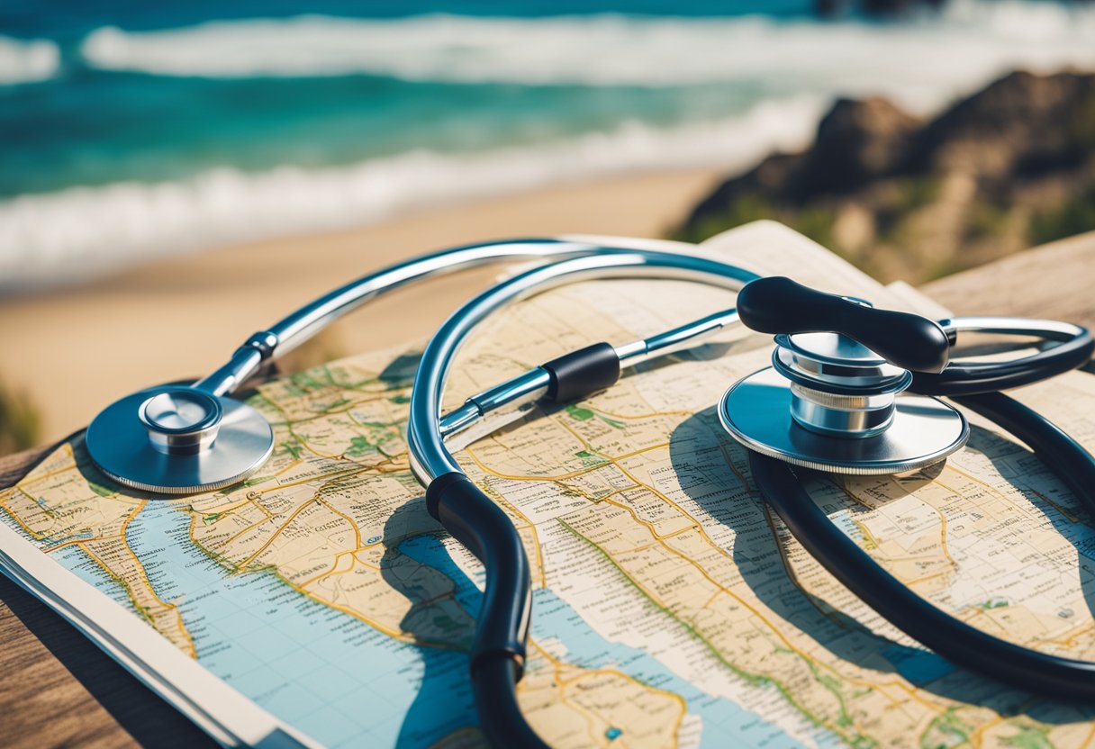 A sunny California beach with palm trees and a nurse's stethoscope resting on a map of the state
